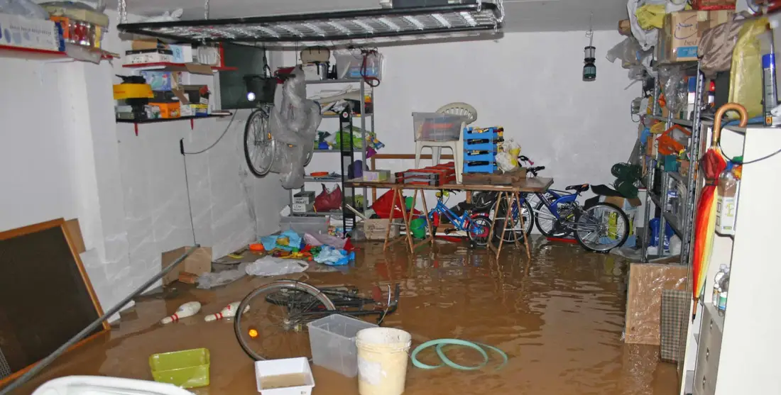 Flooded garage with water damage